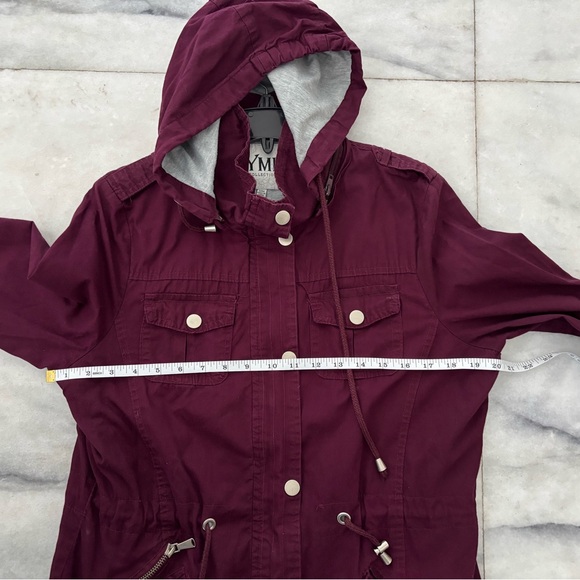 Y2K YMI Jacket Anorak Maroon Cotton Chore Hooded Pocket Silver Buttons Womens M - Picture 8 of 12